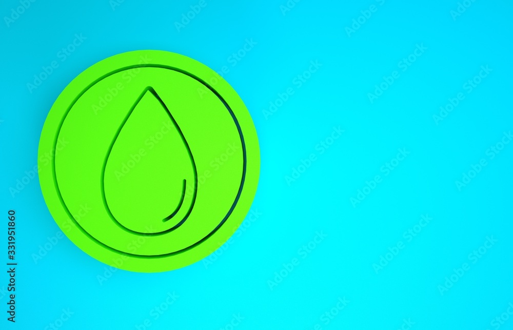 Green Water drop icon isolated on blue background. Minimalism concept. 3d illustration 3D render