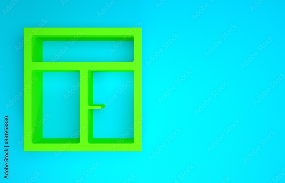房间里的绿色窗户图标被隔离在蓝色背景上。极简主义概念。3d插图3d re