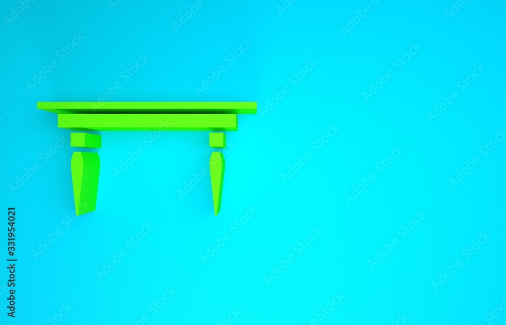 蓝色背景上隔离的绿色木桌图标。极简主义概念。3d插图3d渲染