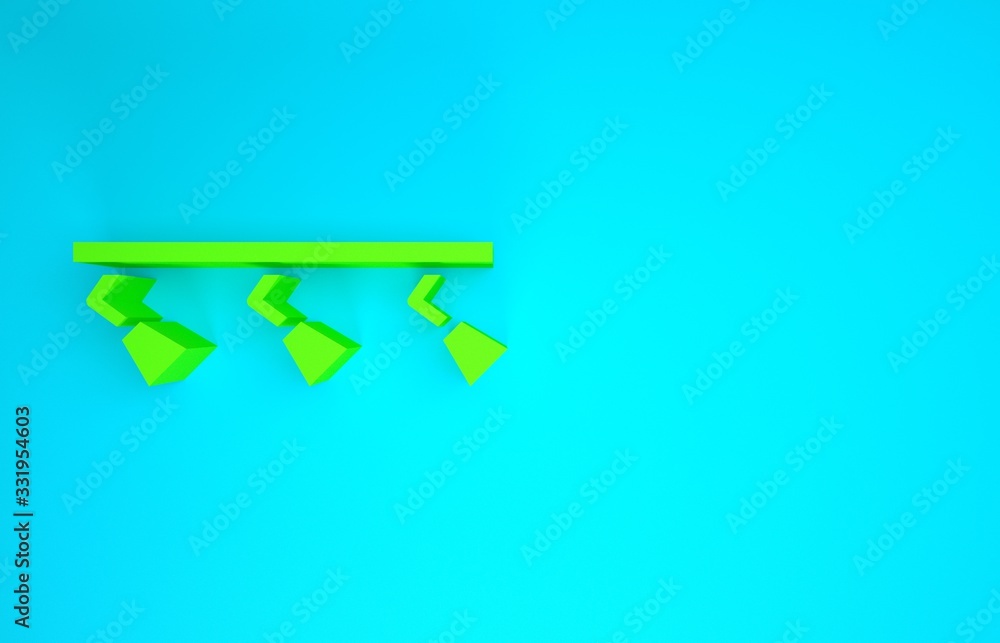 绿色Led轨道灯和聚光灯图标隔离在蓝色背景上。极简主义概念