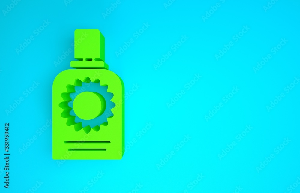 蓝色背景上隔离的绿色防晒喷雾瓶图标。保护皮肤免受阳光照射