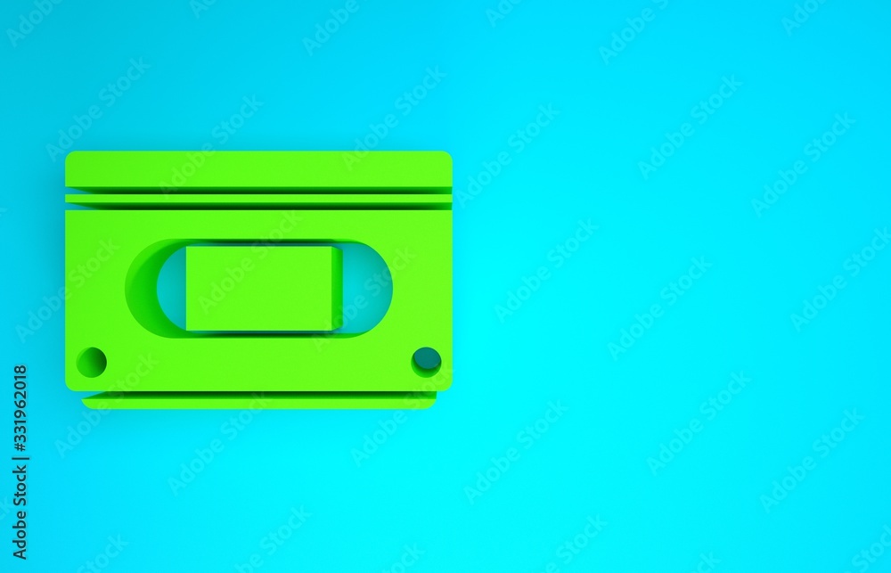 蓝色背景上隔离的绿色VHS盒式磁带图标。极简主义概念。三维插图