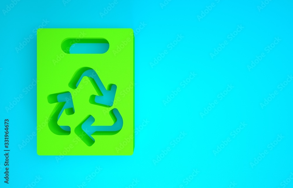绿纸购物袋，蓝色背景上有回收图标。带有回收符号的袋子。M