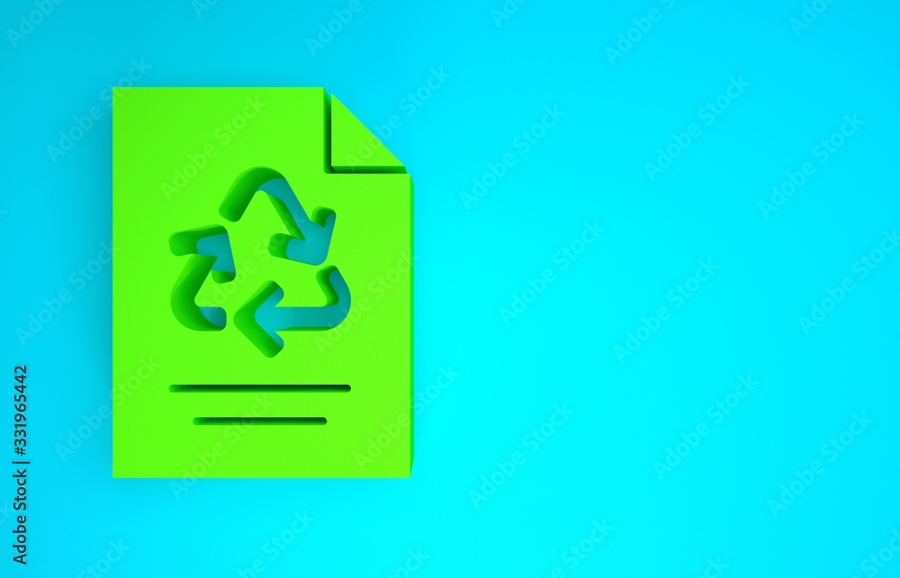 绿色纸张，蓝色背景上隔离回收图标。极简主义概念。3d插图3d re