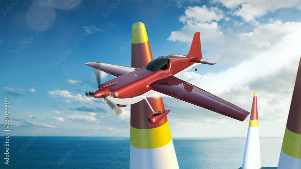 赛车上的运动飞机。3D渲染。插图。
