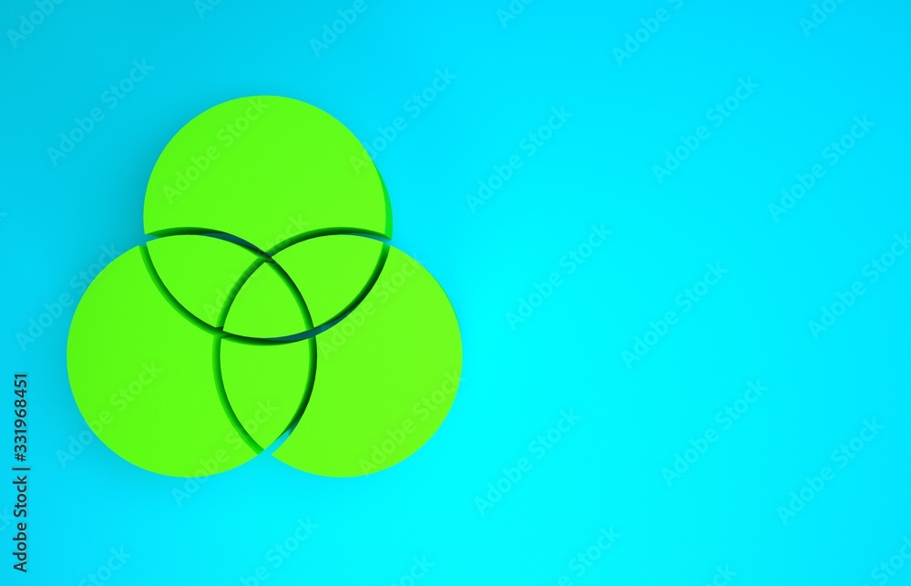 蓝色背景上隔离的绿色RGB和CMYK颜色混合图标。极简主义概念。3d插图