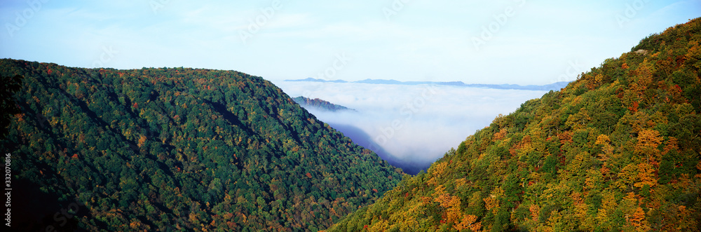 巴布科克州立公园西弗吉尼亚州秋季山脉日出时的晨雾