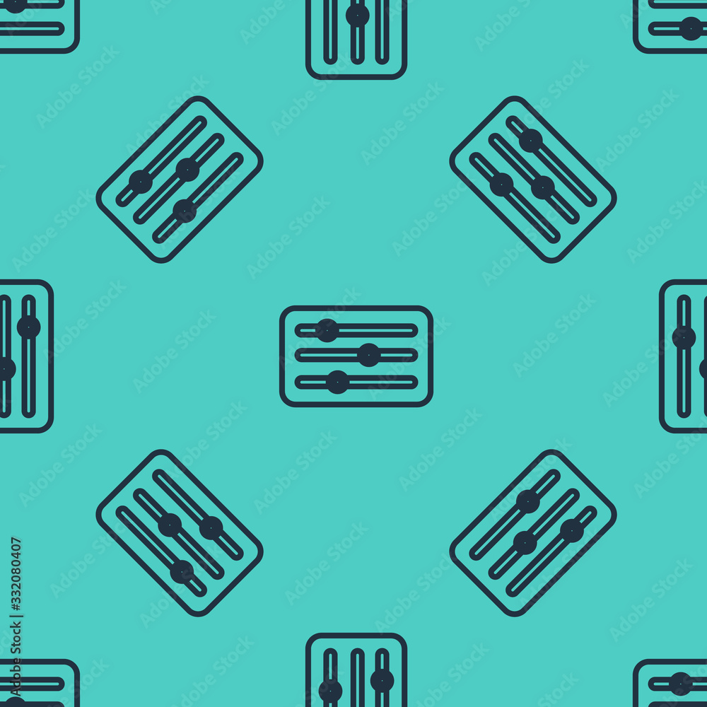 Black line Sound mixer controller icon isolated seamless pattern on green background. Dj equipment s