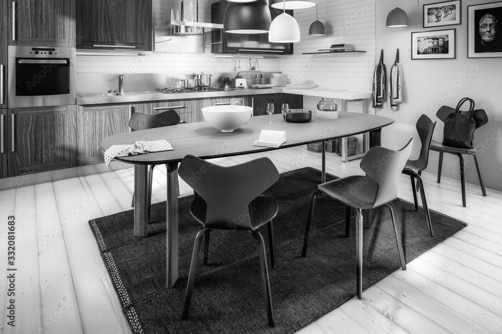 Contemporary Kitchen Area with Dining Room Integration (B&W) - 3d visualization
