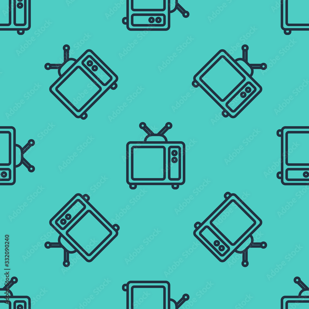 黑色线条复古电视图标，绿色背景上的隔离无缝图案。电视标志。Vector Illu