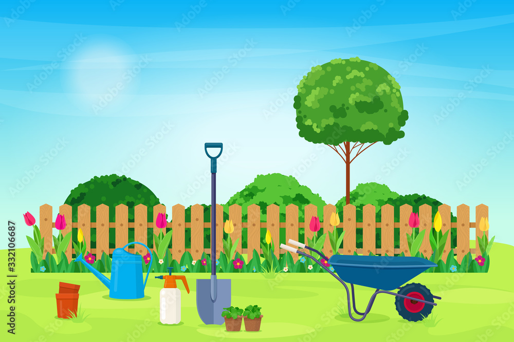 Garden landscape with garden tool, plants and wooden fence. Garden tools on a green lawn. Vector ill