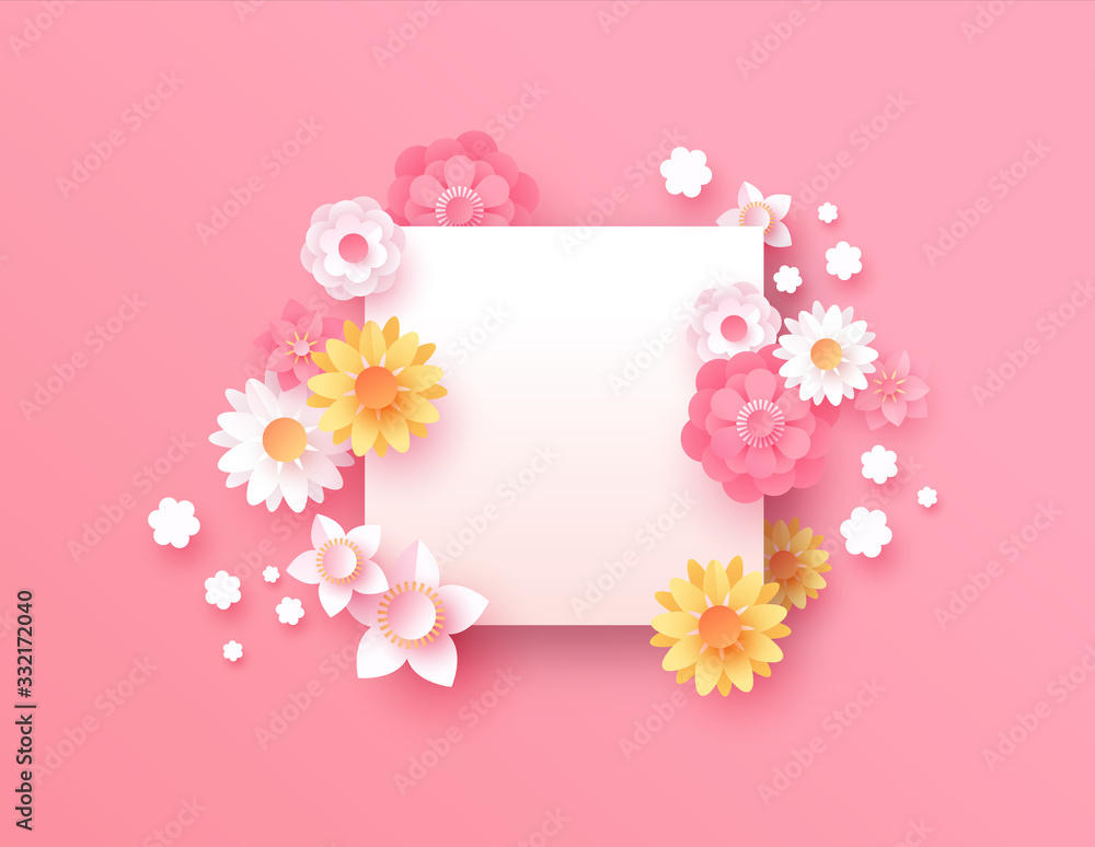 Spring paper cut pink flower copy space template