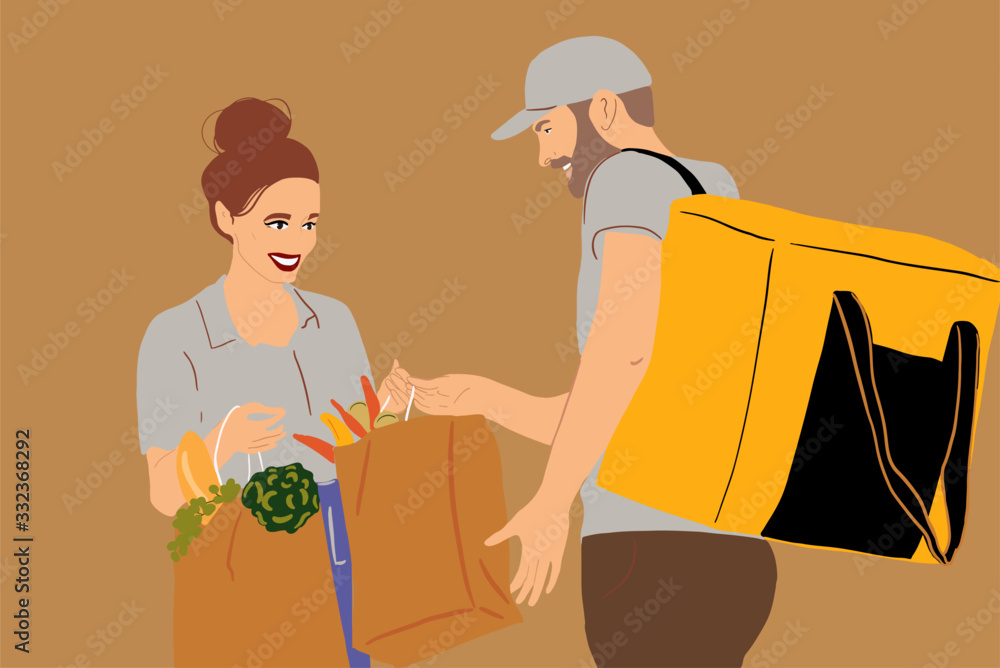 快递员用纸袋向一名年轻女子运送新鲜食品。f中的彩色矢量插图