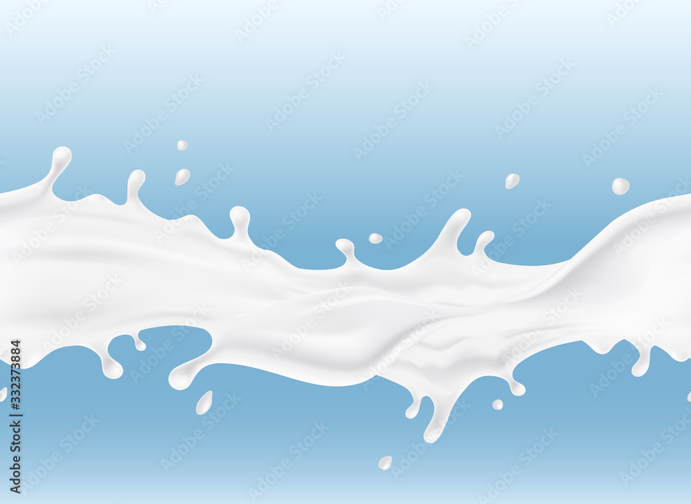 牛奶飞溅无缝图案。三维逼真的酸奶或奶油波浪边界。矢量乳白色包装设计。