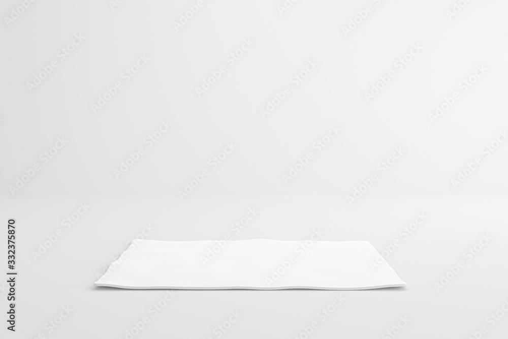 White fabric sheet on empty studio background. Blank shelf stand for showing product. 3D rendering.