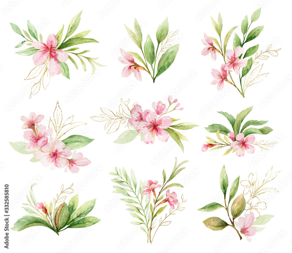 Watercolor vector set of bouquets of pink flowers and leaves.