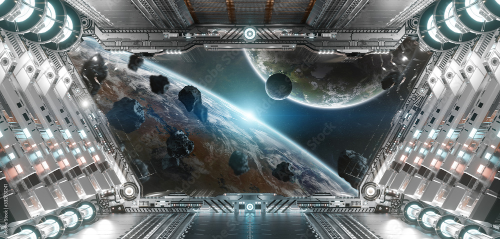 白色和银色的未来宇宙飞船内部，行星上的窗户视图3d渲染