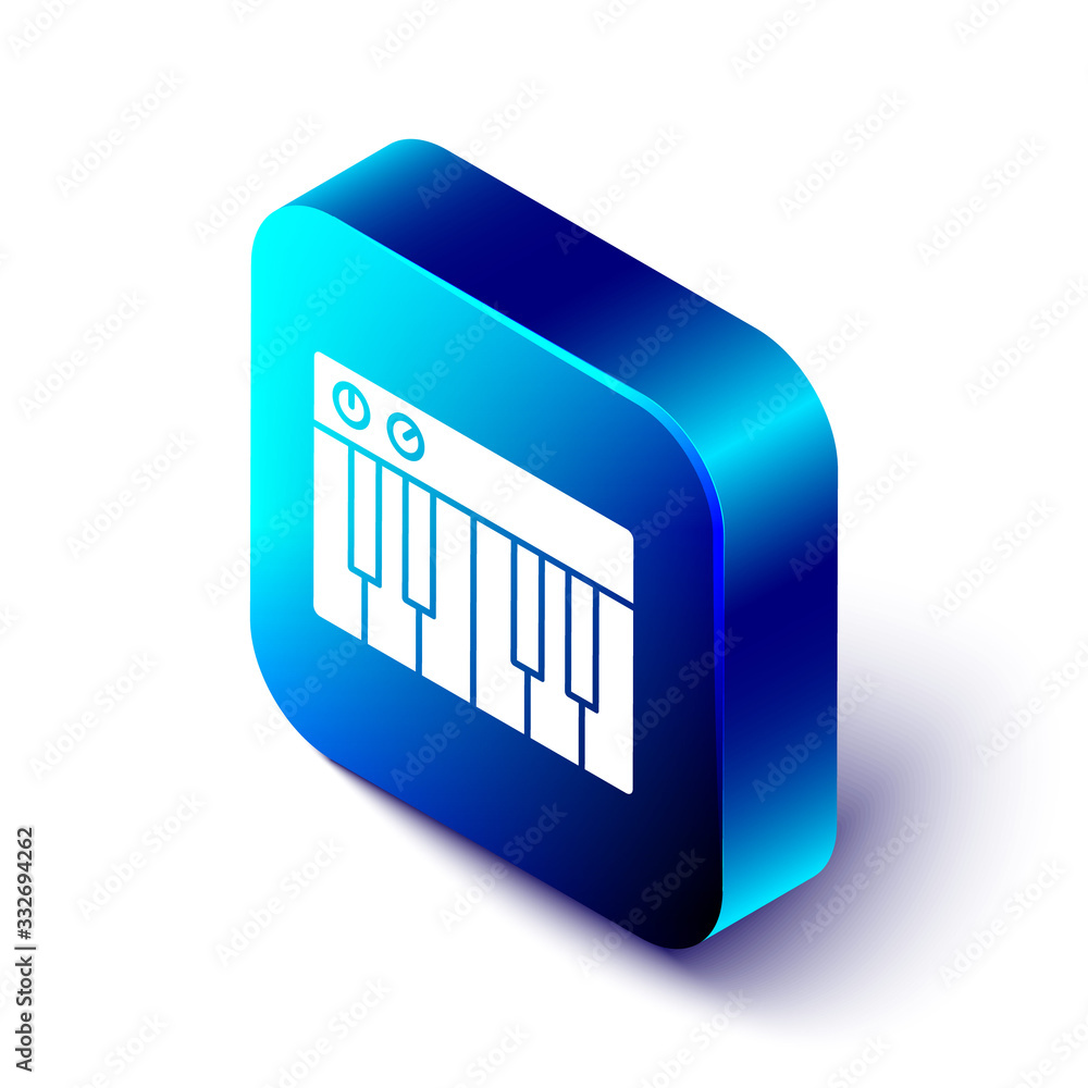 Isometric Music synthesizer icon isolated on white background. Electronic piano. Blue square button.
