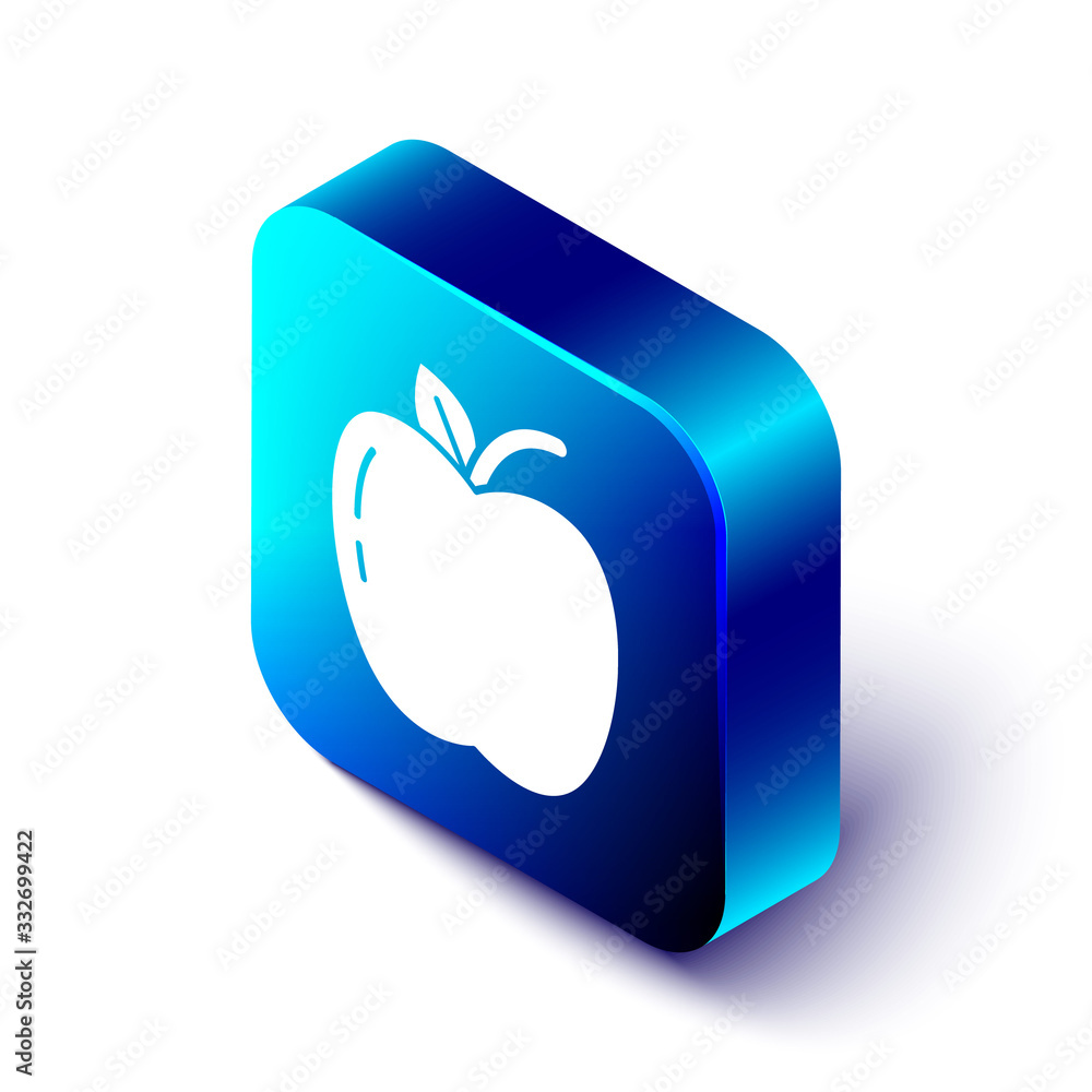 白色背景上隔离的等距苹果图标。带叶子符号的水果。蓝色方形按钮。Vecto