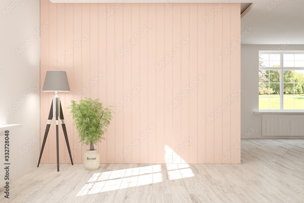 白色空房间，粉色墙壁，灯和绿色家居植物。斯堪的纳维亚室内设计。3D插图
