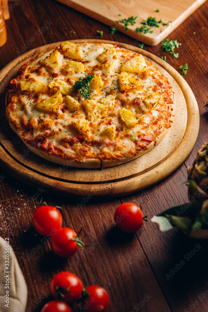 Seafood Italian Pizza on wooden table
