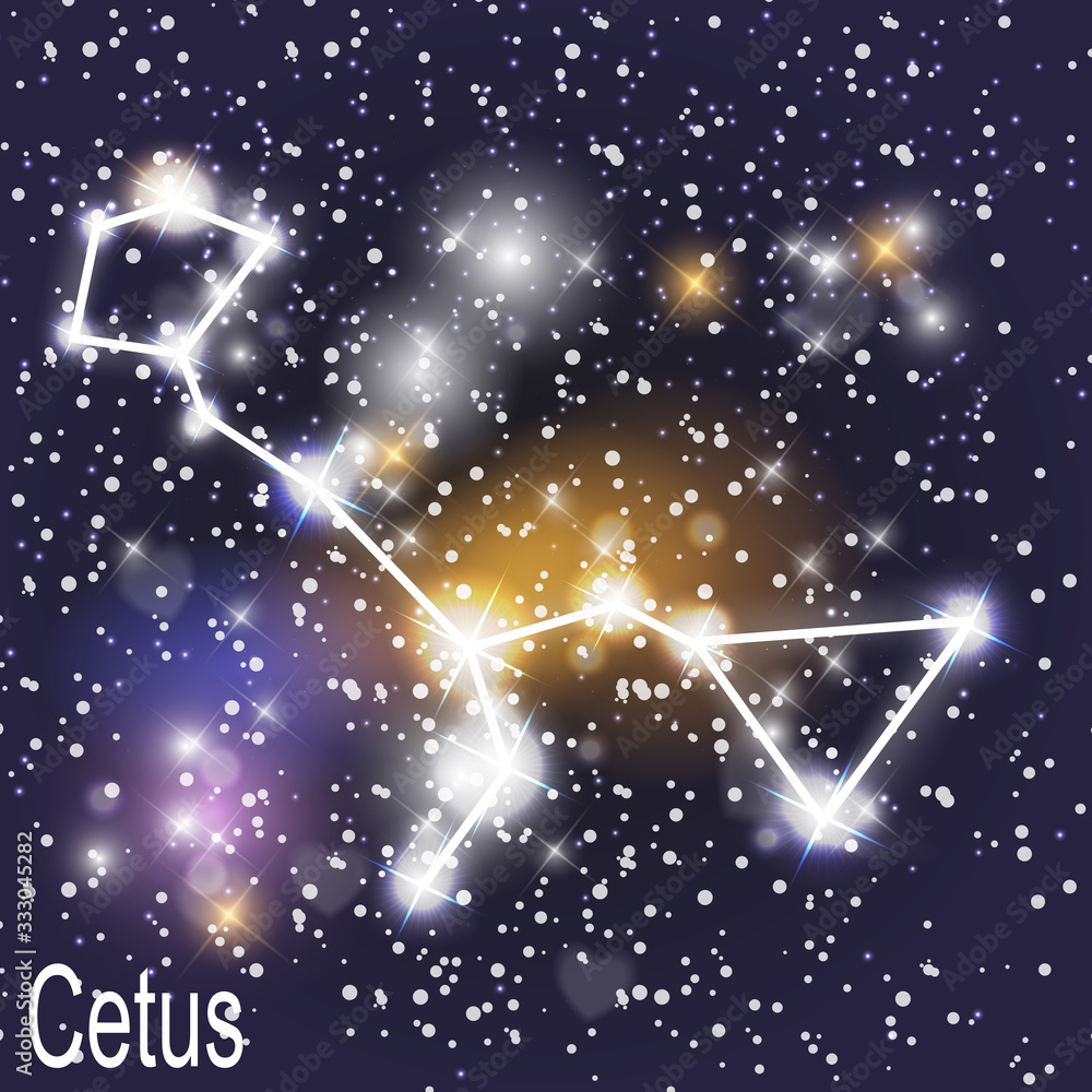 Cetus Constellation with Beautiful Bright Stars on the Background of Cosmic Sky. Vector Illustration