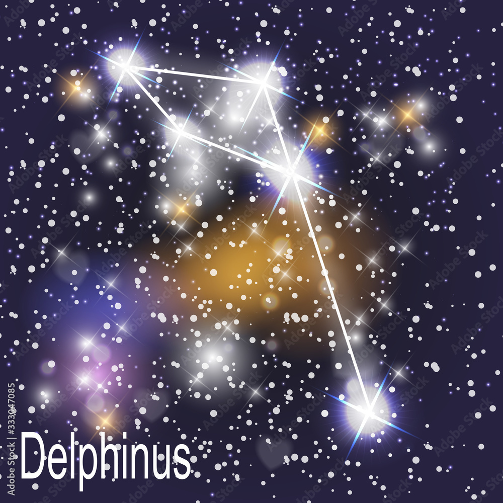Delphinus Constellation with Beautiful Bright Stars on the Background of Cosmic Sky Vector Illustrat