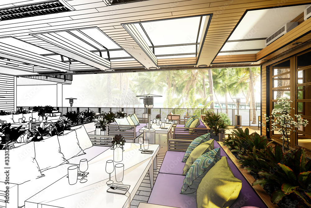 度假区内的露台冷藏和餐厅区域（草案）-三维建筑可视化