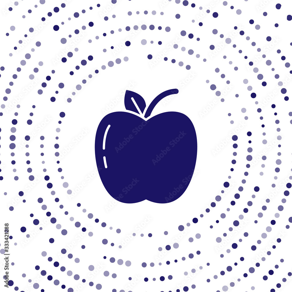 蓝色苹果图标隔离在白色背景上。带叶子符号的水果。抽象圆圈随机点。V
