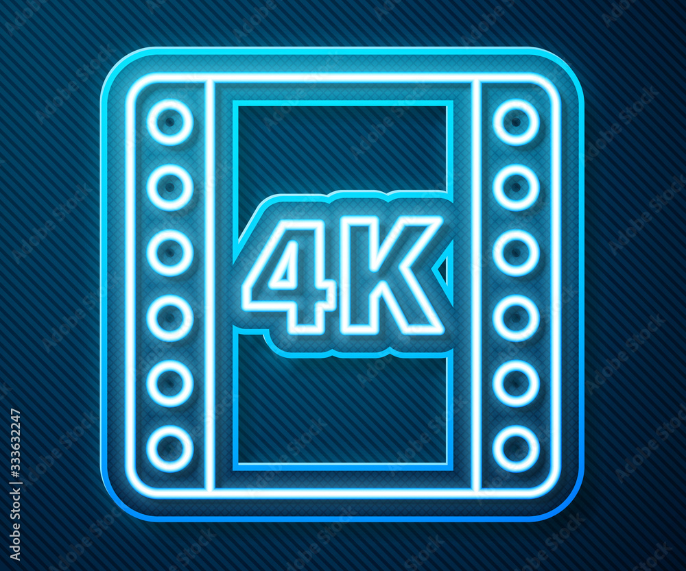 Glowing neon line 4k movie, tape, frame icon isolated on blue background. Vector Illustration