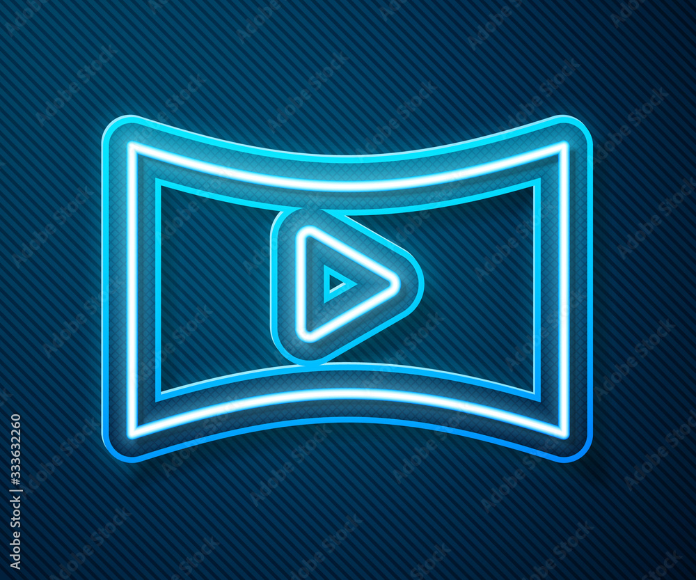 Glowing neon line Online play video icon isolated on blue background. Film strip with play sign. Vec