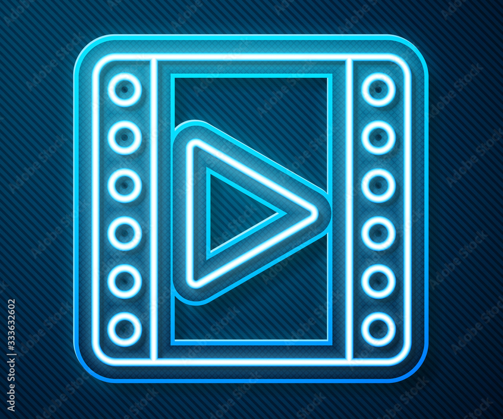 Glowing neon line Play Video icon isolated on blue background. Film strip sign. Vector Illustration