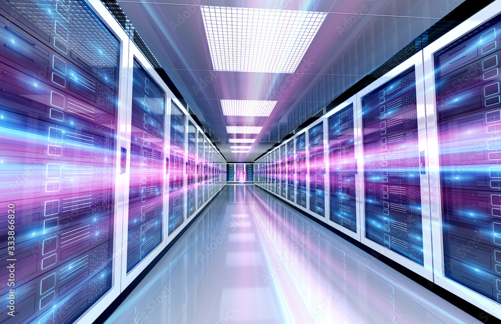 服务器数据中心房间，通过走廊进行明亮的高速光3D渲染