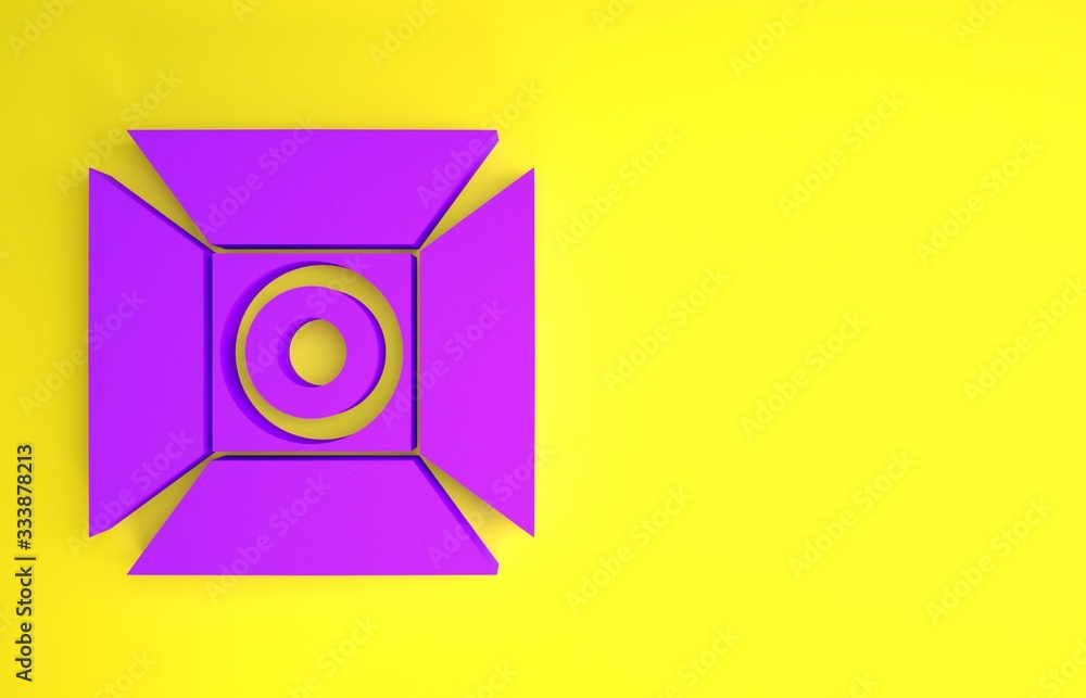 紫色电影聚光灯图标隔离在黄色背景上。灯光效果。场景，工作室，表演。Minima
