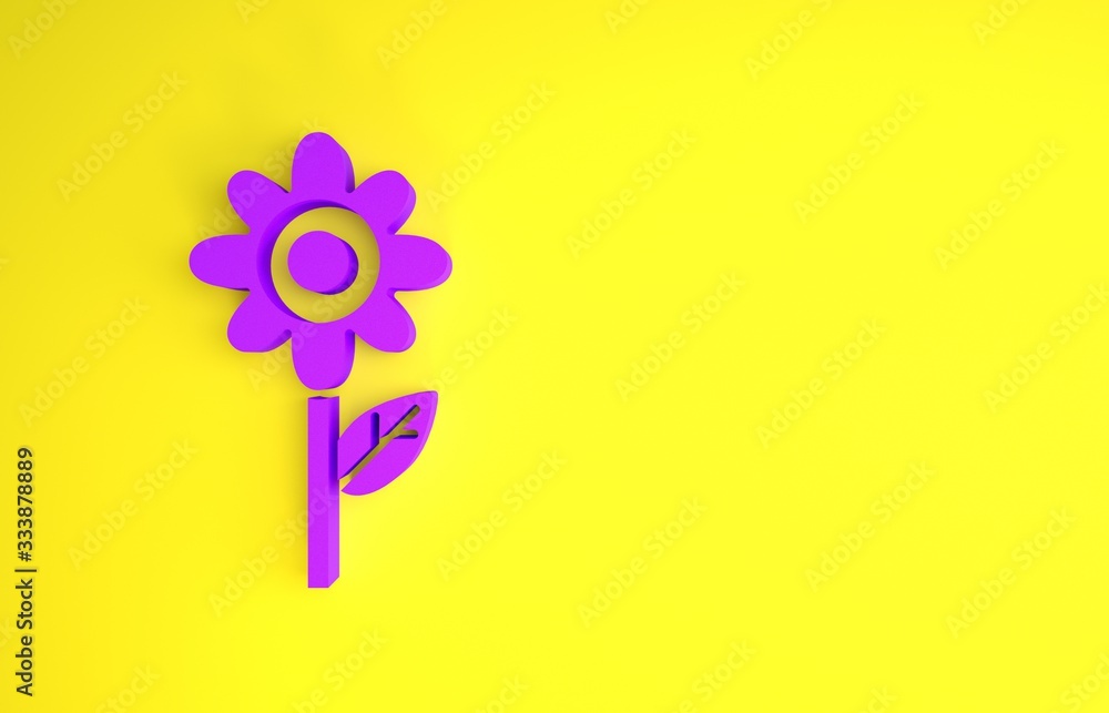 紫色花朵图标隔离在黄色背景上。极简主义概念。3d插图3d渲染