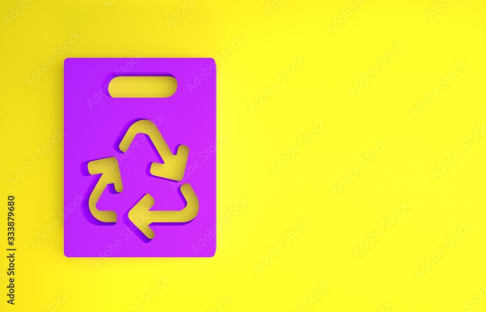 紫色纸质购物袋，黄色背景上有回收标志。带有回收标志的袋子
