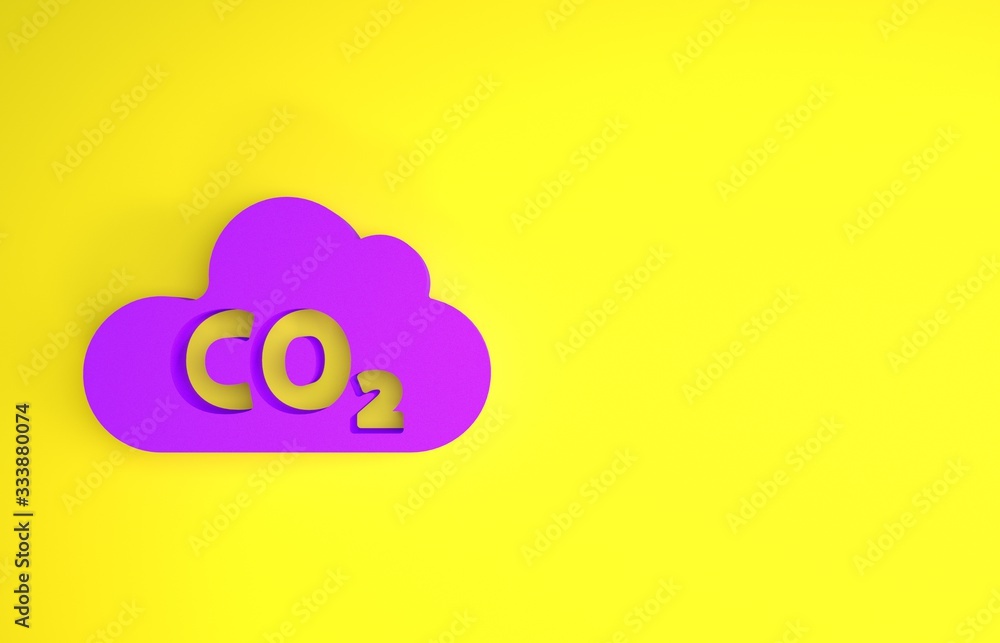 黄色背景上孤立的云图标中的紫色二氧化碳排放。二氧化碳配方，烟雾污染