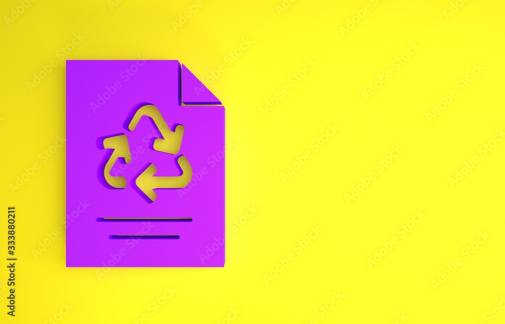 紫色纸张，黄色背景上隔离回收图标。极简主义概念。3d插图