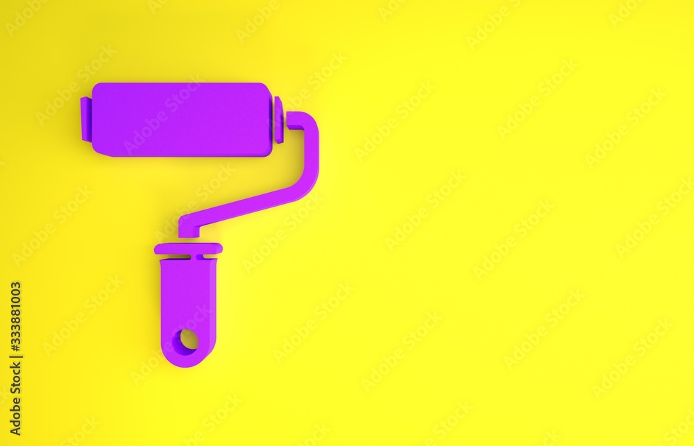 Purple Paint roller brush icon isolated on yellow background. Minimalism concept. 3d illustration 3D