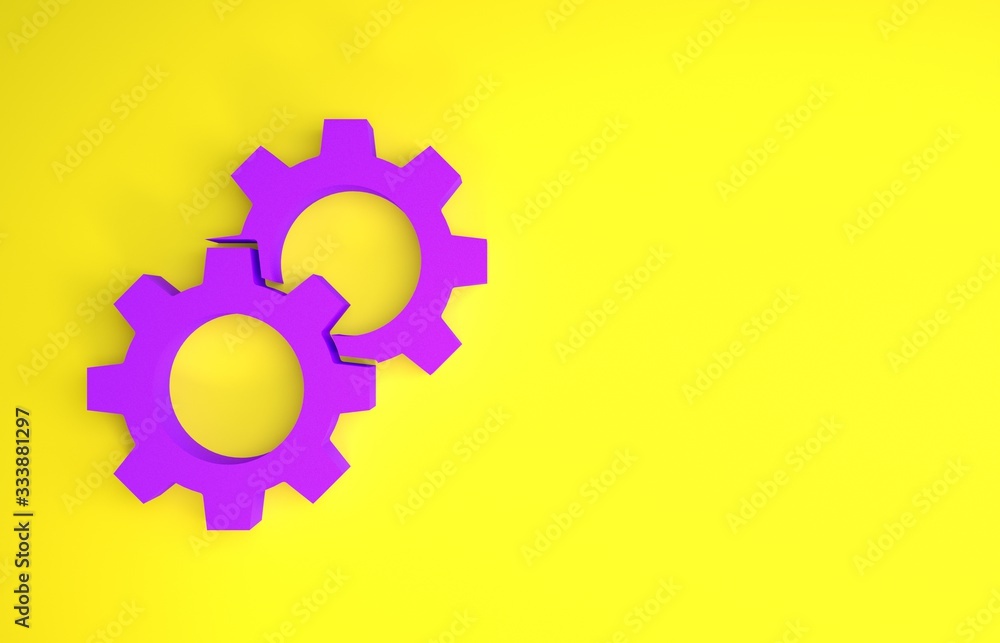 紫色齿轮图标隔离在黄色背景上。齿轮设置标志。齿轮符号。极简主义