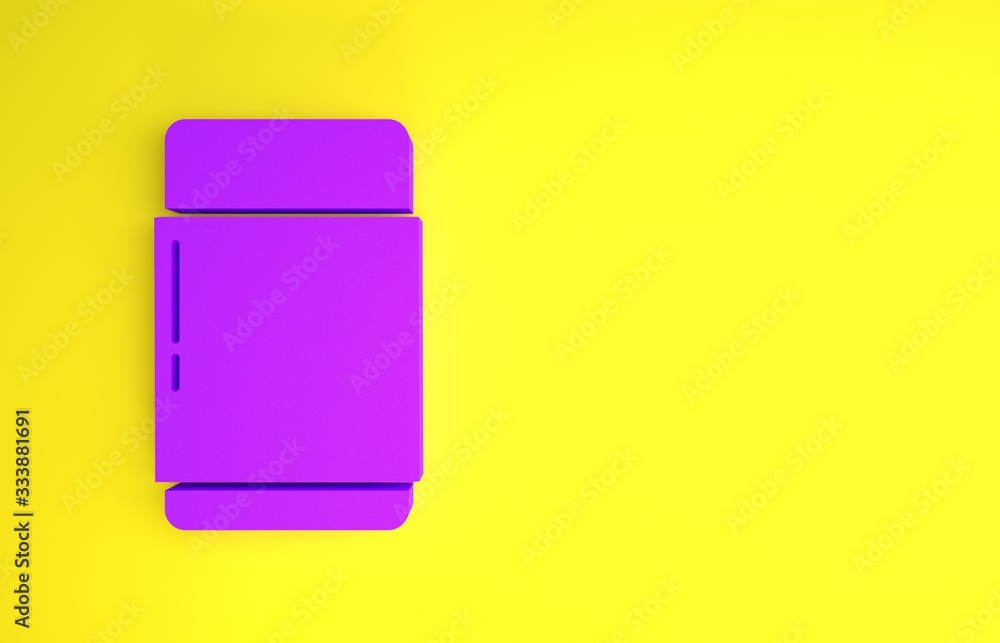 黄色背景上隔离的紫色橡皮擦或橡胶图标。极简主义概念。3d插图3d r