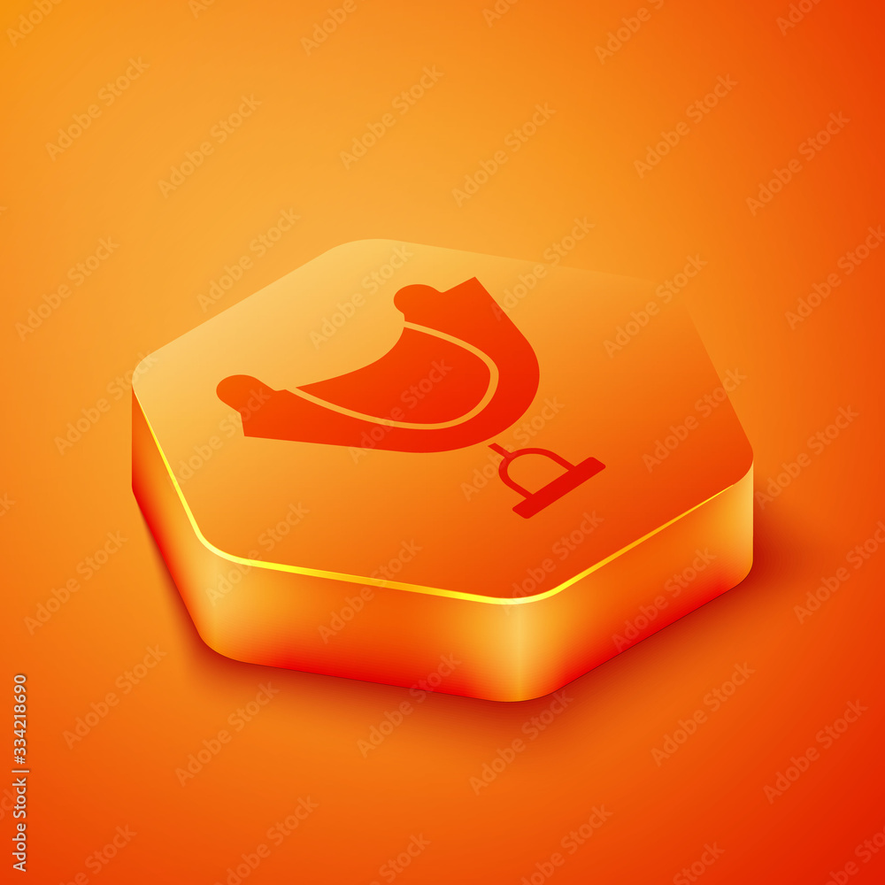 Isometric Wild west saddle icon isolated on orange background. Orange hexagon button. Vector Illustr
