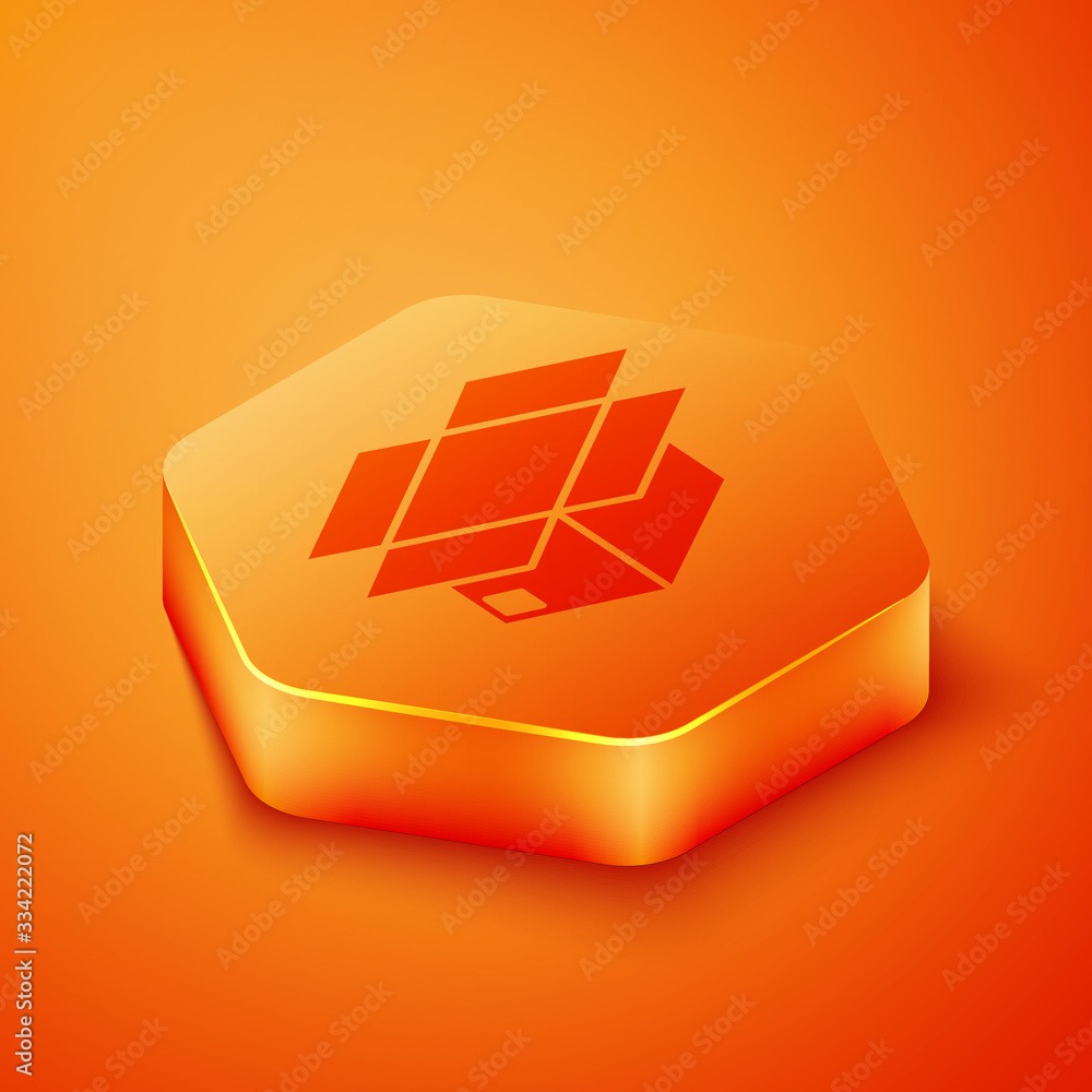 Isometric Carton cardboard box icon isolated on orange background. Box, package, parcel sign. Delive