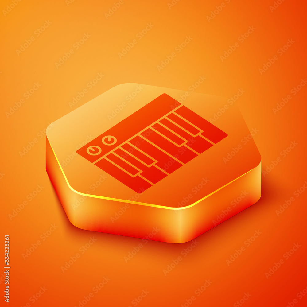 Isometric Music synthesizer icon isolated on orange background. Electronic piano. Orange hexagon but