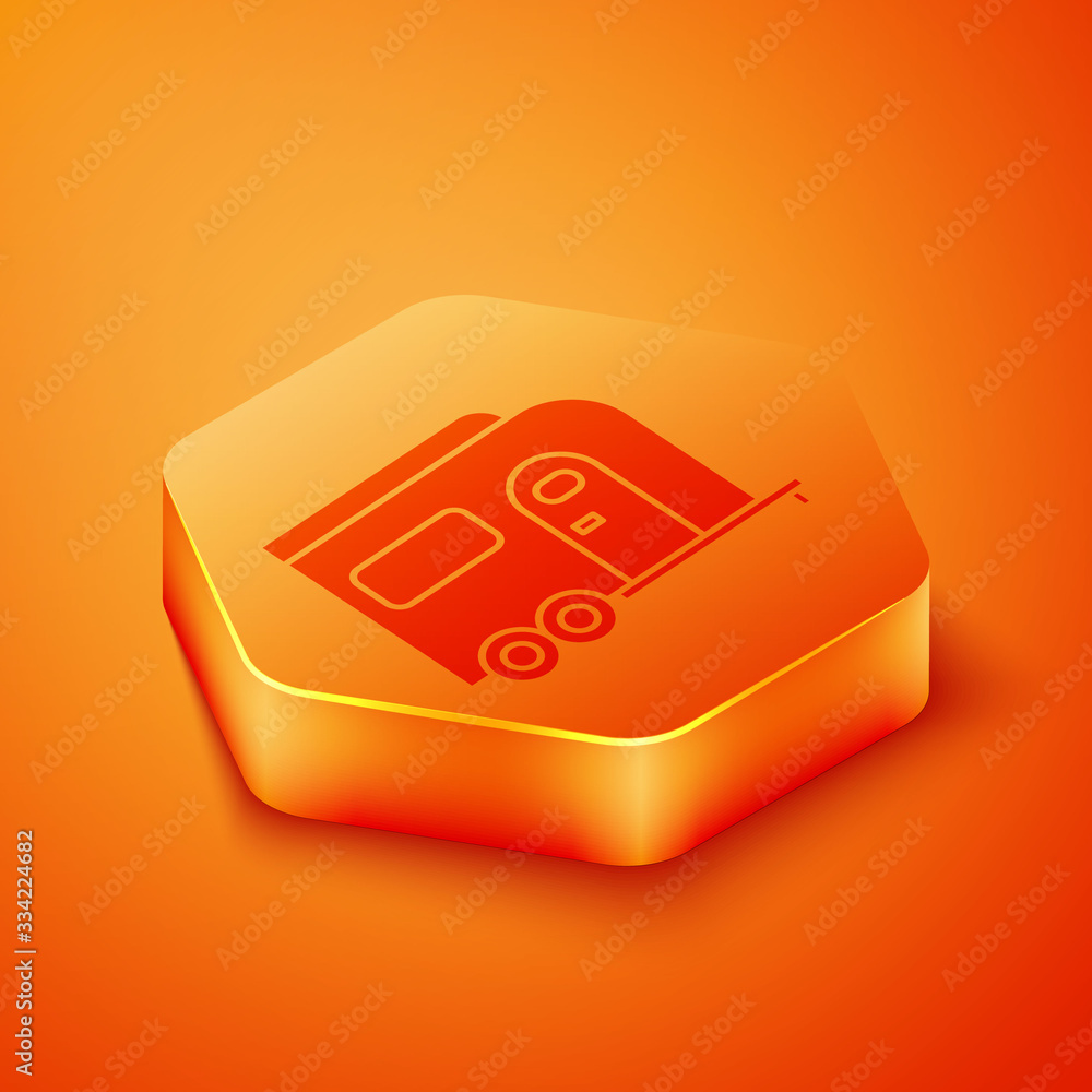 Isometric Rv Camping trailer icon isolated on orange background. Travel mobile home, caravan, home c