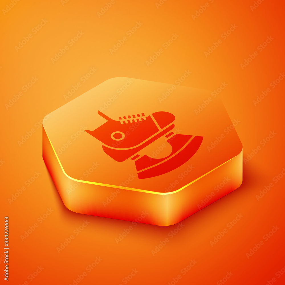 Isometric Skates icon isolated on orange background. Ice skate shoes icon. Sport boots with blades. 