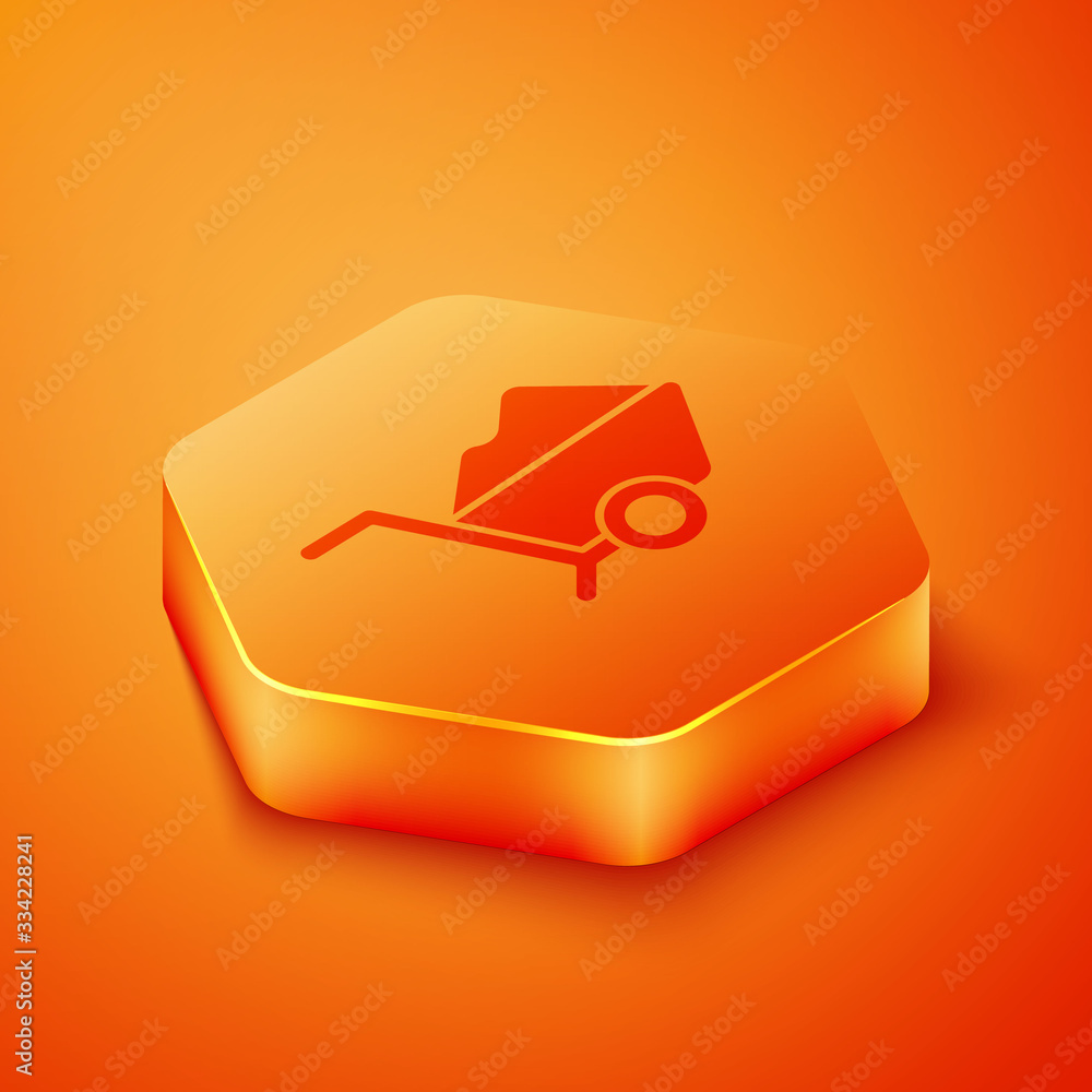 Isometric Wheelbarrow with dirt icon isolated on orange background. Tool equipment. Agriculture cart