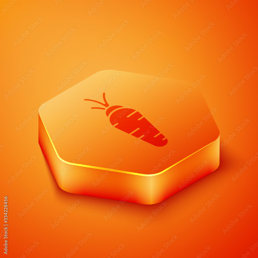 Isometric Carrot icon isolated on orange background. Orange hexagon button. Vector Illustration