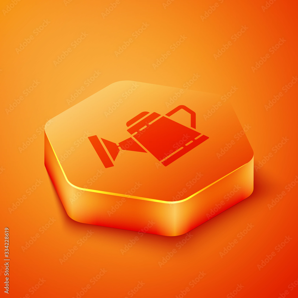Isometric Watering can icon isolated on orange background. Irrigation symbol. Orange hexagon button.
