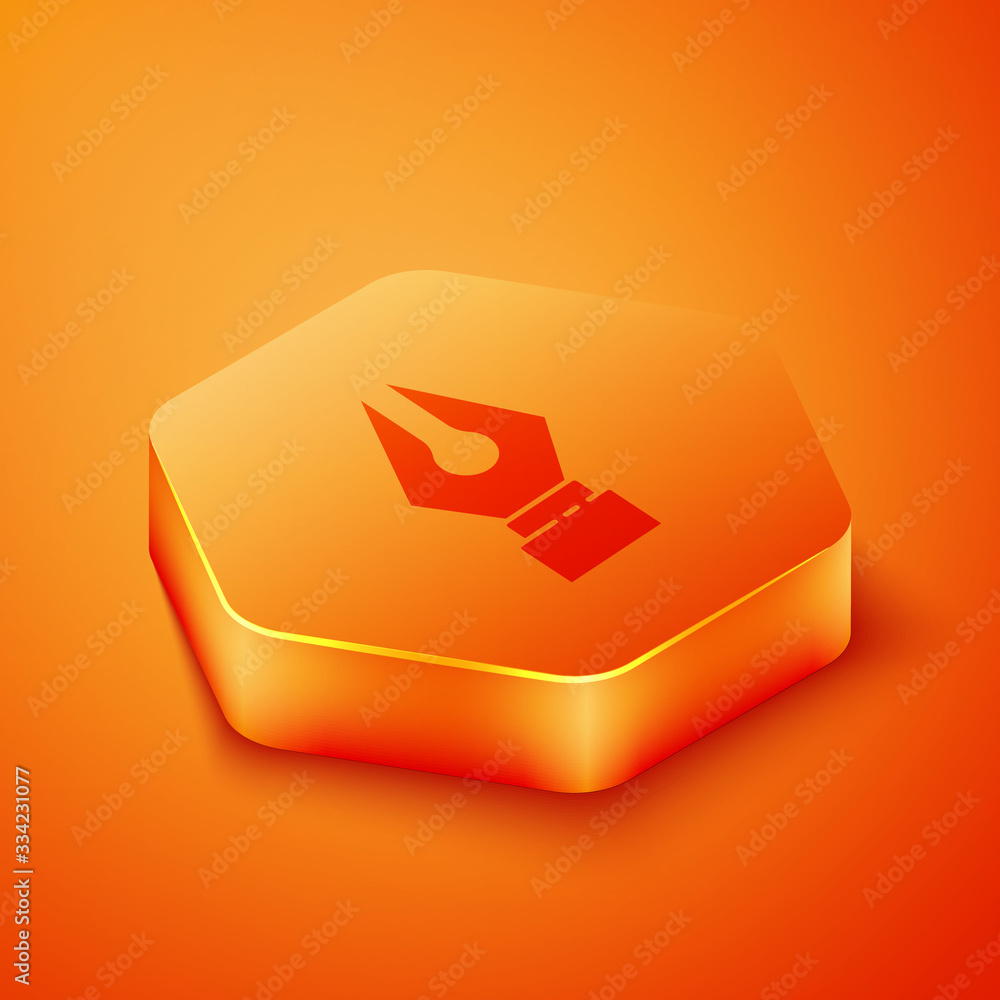 Isometric Fountain pen nib icon isolated on orange background. Pen tool sign. Orange hexagon button.